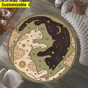 Katzenliebhaber Teppich, Teppich mit Tiermotiven, Runder Spielzimmerteppich, Katzennachtteppich, Yin Yang-Katzenteppich, Katzenrunder Teppich, Kinderzimmer-Katzenteppich, Babyzimmer-Katzenteppich