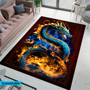 Alfombra de dragón azul ardiente, alfombra de dragón chino de fantasía personalizada, alfombra con arte de fuego de criatura mítica, alfombra de decoración asiática para sala de juegos o sala de estar.