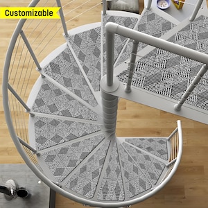 May include: A set of black and white patterned stair treads for a spiral staircase. The treads are made of a durable material and are designed to provide traction and safety. Customizable.
