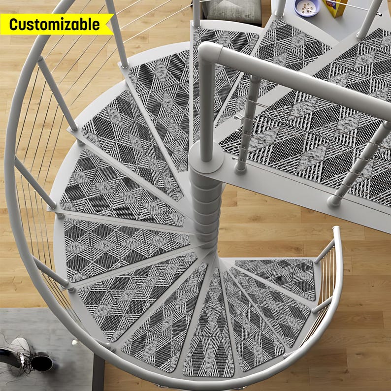 May include: A set of black and white patterned stair treads for a spiral staircase. The treads are made of a durable material and are designed to provide traction and safety. Customizable.
