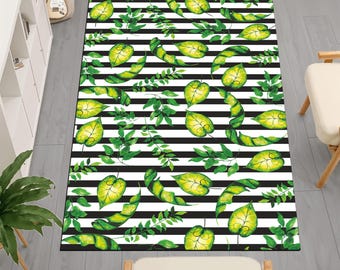 Tropical Rug, Black and White Rug, Green Leaf Rug, Nature Patterned Rug,Flower Rug,Garden Themed Rug,Plam Rug,Floral Rug,Tropical Floral Rug