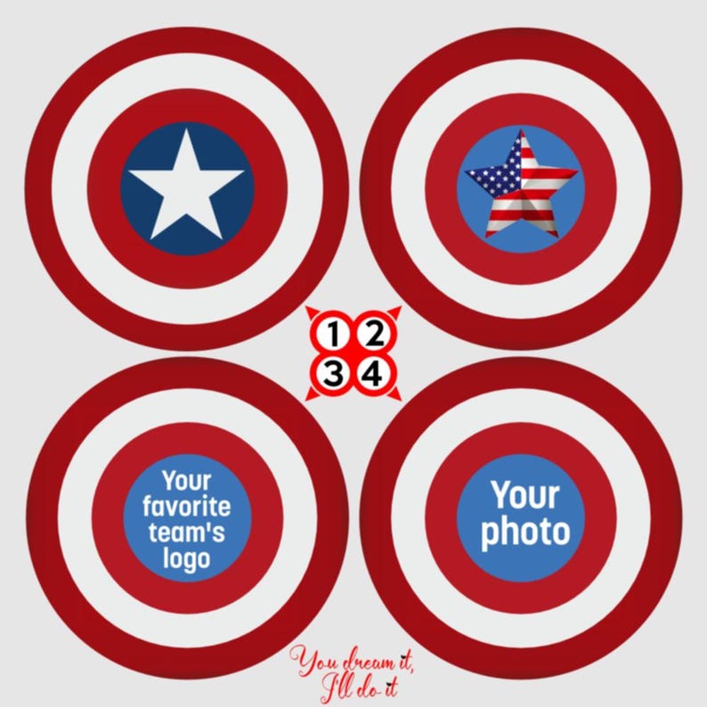 May include: Four red, white, and blue circular stickers with a star in the center. The stars are different designs. One star is a simple white star, one star is a red, white, and blue American flag, one star says "Your favorite team's logo", and one star says "Your photo".