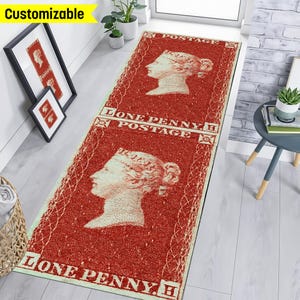 Alfombra de pasillo Penny, alfombra de pasillo negra Penny, primer sello postal del mundo, alfombra de entrada Stampc, alfombra larga Penny, alfombra de puerta de entrada Penny