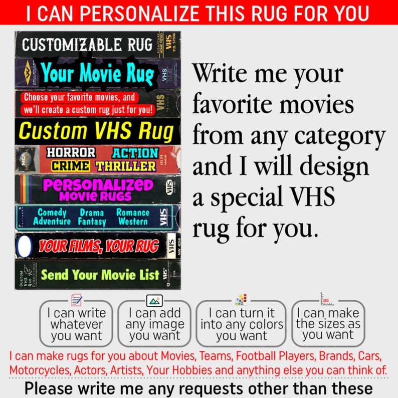 Może przedstawiać: Obraz promocyjny dla niestandardowych dywan&oacute;w VHS. Obraz przedstawia stos kaset VHS z nakładkami tekstowymi, takimi jak "Your Movie Rug" i "Custom VHS Rug". Tekst zachęca klient&oacute;w do przesyłania ulubionych film&oacute;w w celu spersonalizowania projektu dywanu. Dodatkowy tekst szczeg&oacute;łowo opisuje opcje dostosowywania.