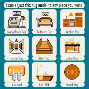 May include: A graphic illustration of nine different types of rugs, including a living room rug, bedroom rug, kitchen rug, runner rug, stair rug, office rug, doormat, bath mat, and round rug. Each rug is depicted in a simple, cartoon-like style with a variety of colors and patterns.