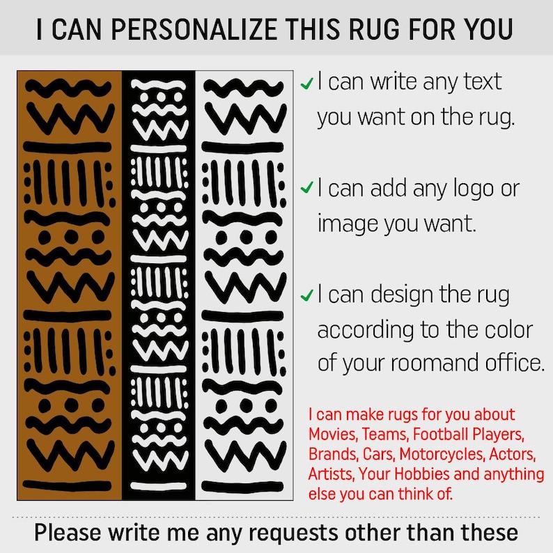 May include: A graphic showing a variety of rug designs with the text "I can personalize this rug for you". The text also states that the rug can be customized with text, logos, and colors.