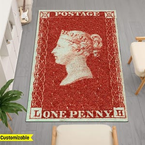 Alfombra Penny Black, primer sello postal del mundo, alfombra con sellos, alfombra con sellos originales, alfombra Penny Black rara, alfombra con sellos victoriana, alfombra de Gran Bretaña