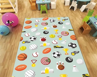 Tappeto con palline sportive, tappeto per la stanza dello sport, tappeto per la stanza dei ragazzi, tappeto per la sala giochi, tappeto con nome, tappeto da baseball, basket, football americano, tappeto decorativo, palla da biliardo 8, regalo per bambini