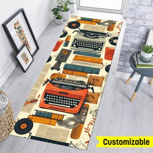 May include: A vintage-style rug with a cream background featuring a repeating pattern of typewriters, books, vinyl records, and leaves. The rug is customizable.