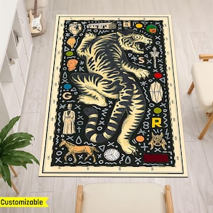 Tiger Rug, Tribal Rug,Bohemian Style Tiger Rug, Whimsical Rug, Boho Tiger, Collage Rug, Unique Tiger Design Rug, Vibrant Carpet,Vintage Rug