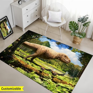 Tappeto con dinosauri nella giungla per la cameretta dei bambini, tappeto da gioco rettangolare con dinosauri, scena preistorica e vulcano, tappeto con foresta di T-Rex, opzione nome personalizzabile