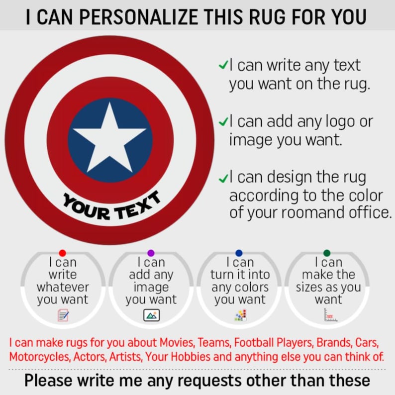 May include: A customizable rug with a red, white, and blue star design. The text "YOUR TEXT" is written on the rug. The image shows that you can add any text, logo, or image to the rug. You can also choose the colors and sizes of the rug.