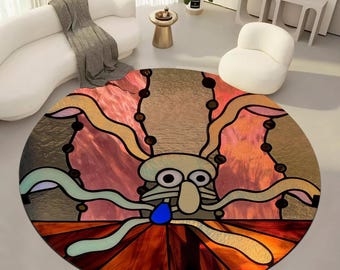 Surreal Crying Octopus Rug – Melancholy Sea Creature in Stained Glass Art Style, fantasy carpet, Gothic Style Decor Rug, Squid/octopus Rug