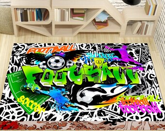 Soccer Passion Meets Street Art – Graffiti Style Rug | Boys' Room & Teen Decor,Football Rug,Football Lover Rug,Soccer Field Rug,Graffiti Rug