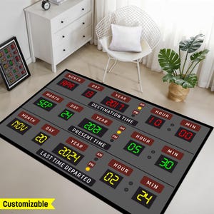 Może przedstawiać: Szary dywan z wzorem cyfrowego wyświetlacza. Wyświetlacz pokazuje miesiąc, dzień, rok, godzinę i minutę. Tekst na wyświetlaczu brzmi "Destination Time", "Present Time" i "Last Time Departed".