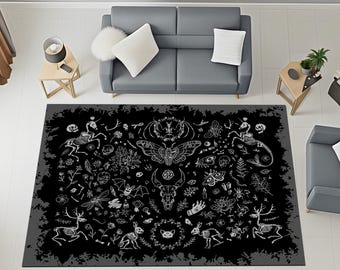 Dark Forest Skull Moth Rug, Gothic Witchy Area Rug,Occult Botanical Carpet, Skeleton Animal Rug,Cottagecore Goth Room Decor,Black Aesthetic