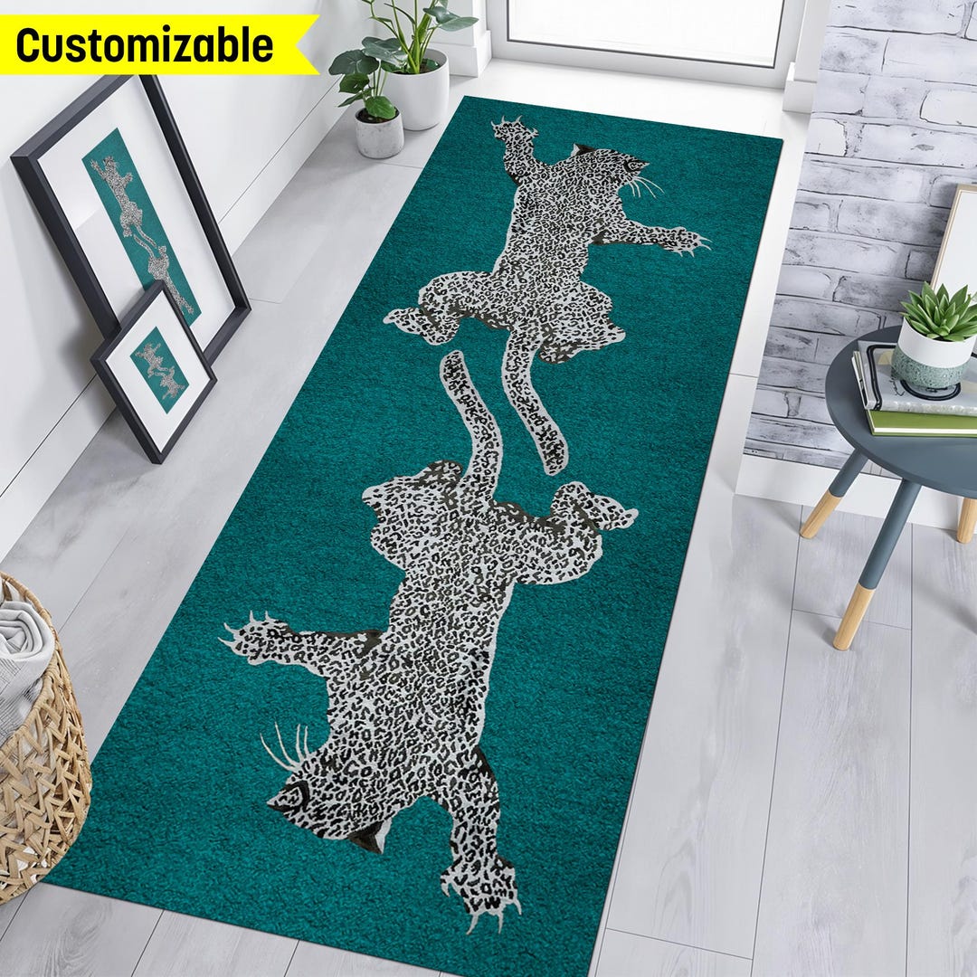 Leopard Print Rug With Dark Turquoise Background, Modern Animal Print ...