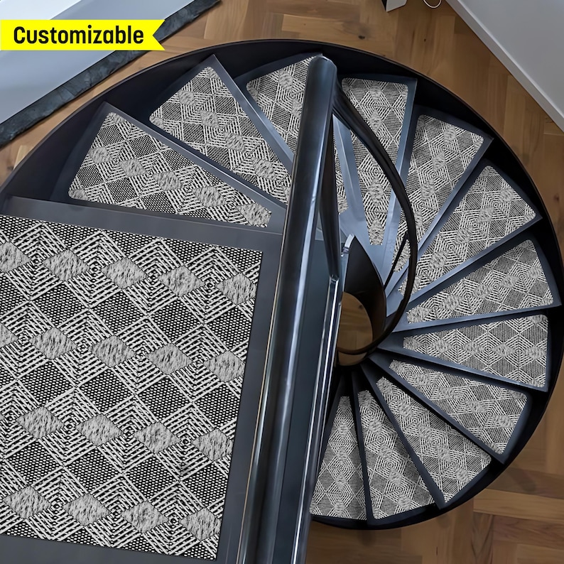 May include: A set of black and white patterned stair treads with a geometric design. The treads are made of a soft, durable material and are designed to provide traction and safety on stairs. The treads are customizable and can be ordered in a variety of sizes and colours.