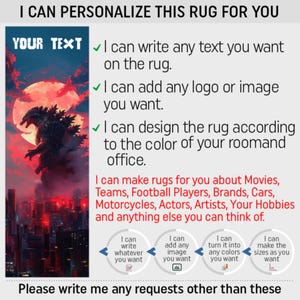May include: A red, white, and blue graphic with the text "YOUR TEXT" at the top. The graphic advertises personalized rugs with the text "I can personalize this rug for you". The graphic also includes a list of customization options, such as adding text, logos, images, and colors.