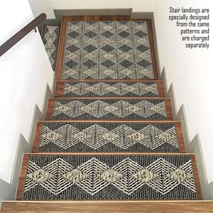 May include: A set of five black and white patterned stair treads with a geometric design. The treads are made of a soft, durable material and are designed to provide traction and safety on stairs. Stair landings are specially designed from the same patterns and are charged separately.
