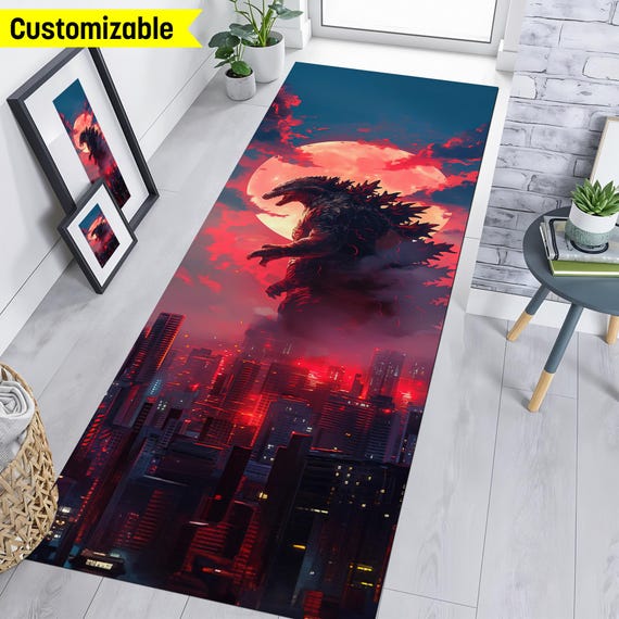 kaiju/giant monster rug, legendary  rug, Runner Rug, Corridor Rug, Monster Rug Design, Hallway Rug, Kaiju Floor Runner, Red and Black Rug