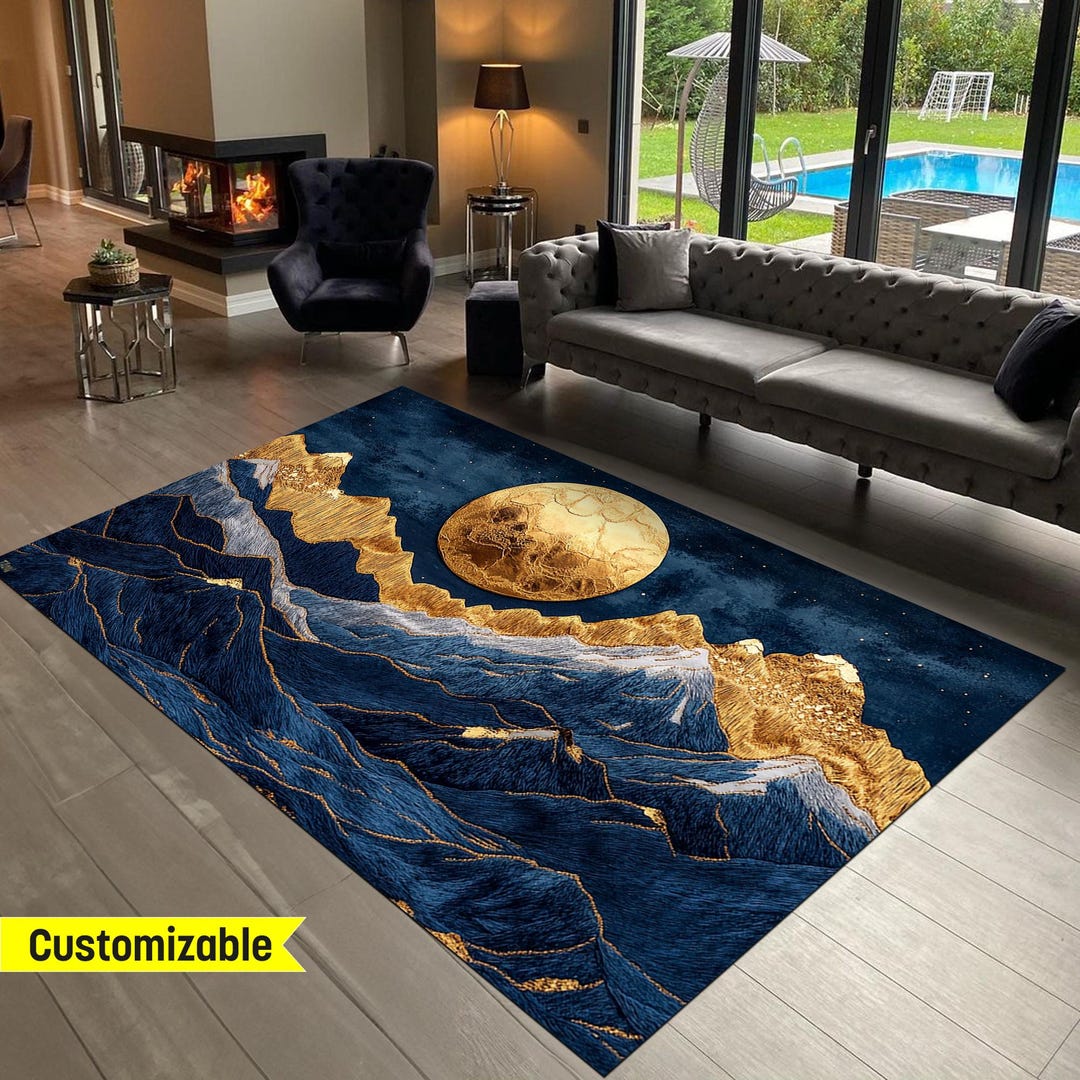 Moon Rug, Moon Carpet, Mountain Rug, Gold Rug, Blue Rug, Nature Rug ...