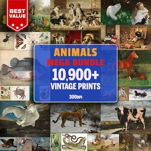 May include: A collage of vintage animal illustrations, featuring a variety of animals, including a tiger, a swan, a cow, a horse, a fish, a crab, and a group of dogs. The collage is titled "Animals Mega Bundle 10,900+ Vintage Prints 300DPI".