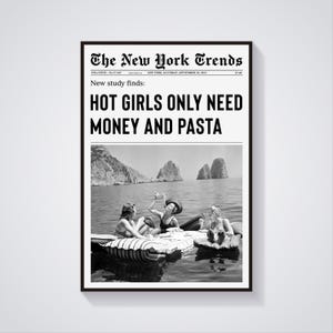 Pasta Art Print, Newspaper Print, Girl Dorm Room Art, Girls Having Fun Print, Black and White Print, Trendy Poster, Vintage Wall Art, 300dpi
