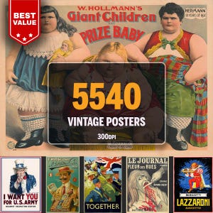 Op de afbeelding: Een vintage poster die reclame maakt voor een sideshow met "Reuzenkinderen" en een "Prijsbaby". De poster toont twee grote vrouwen, een in een rood-wit geruite jurk en de andere in een blauwe jurk met witte kant. De poster is in een verweerde staat met wat vervaging en slijtage.