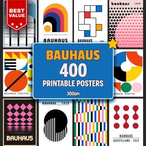 May include: A selection of Bauhaus-style printable posters with geometric designs and vibrant colours. The word "Bauhaus" is displayed on several posters. A blue banner reads "Bauhaus 400 Printable Posters 300DPI".
