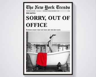 Out of Office Newspaper Print, Retro Bar Cart Art (Instant Download)