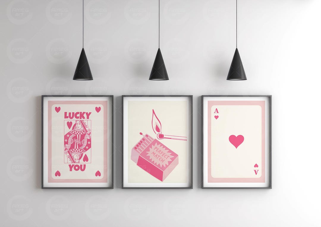 Retro Pink Card Prints, Trendy Gallery Wall Art Set (digital Art