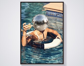 Disco Ball Pool Party Print, Trendy Dorm Wall Art (Digital Download)