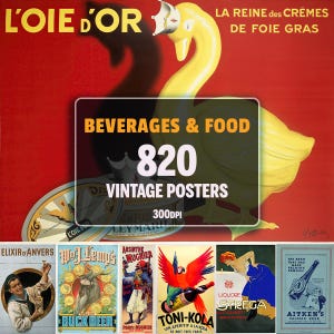 820 carteles vintage de bebidas y comida, decoración retro para bares, carteles publicitarios gráficos, descarga digital, uso comercial, arte mural vintage, descargable