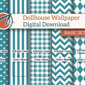 Può includere: Download digitale di modelli di carta da parati per case delle bambole in verde acqua e bianco. I disegni includono pois, strisce, quadretti, chevron e diamanti. Ogni motivo è largo 25 mm. Il set è etichettato "BASIC SET 01".
