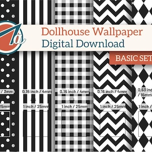 May include: Digital download of dollhouse wallpaper patterns in black and white. The set includes polka dots, stripes, gingham, chevrons, and diamond patterns. Each pattern is 1 inch / 25mm in size, with some patterns measuring 0.16 inch / 4mm and 0.63 inch / 16mm.
