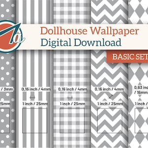 Può includere: Download digitale di modelli di carta da parati per case delle bambole in grigio e bianco. I disegni includono pois, strisce, quadretti, chevron e motivi a rombi. Ogni motivo è largo 25 mm, con spessori variabili.