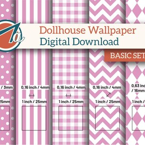 Può includere: Un download digitale di modelli di carta da parati per case delle bambole in rosa e bianco. I modelli includono pois, strisce, quadretti, chevron e diamanti. Ogni modello è largo 25 mm. Il set è etichettato "BASIC SET 01".