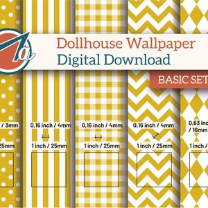 Può includere: Download digitale di modelli di carta da parati per case delle bambole in un set base. I modelli includono pois, strisce, quadretti, chevron e diamanti in giallo e bianco. Ogni modello è largo 25 mm.