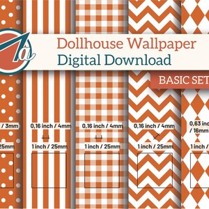 Può includere: Download digitale di modelli di carta da parati per case delle bambole in arancione e bianco. Include pois, strisce, quadretti, chevron e diamanti. Ogni motivo è largo 25 mm. Il set è etichettato "BASIC SET 01".