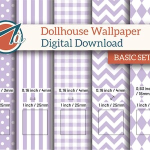 Può includere: Download digitale di modelli di carta da parati per case delle bambole in lavanda e bianco. I disegni includono pois, strisce, quadretti, chevron e diamanti. Ogni motivo è largo 25 mm. Il set è etichettato "BASIC SET 01".