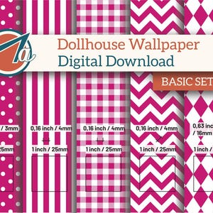 Può includere: Download digitale di modelli di carta da parati per case di bambole in rosa e bianco. I modelli includono pois, strisce, quadretti, chevron e diamanti. Ogni modello è largo 25 mm. Il set è etichettato "BASIC SET 01".