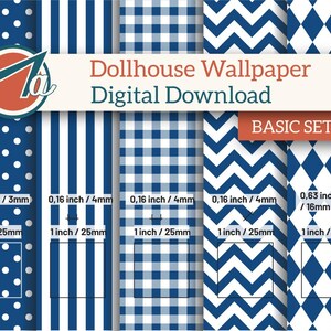 Può includere: Download digitale di modelli di carta da parati per case delle bambole in blu e bianco. I modelli includono pois, strisce, quadretti, chevron e diamanti. Ogni modello è largo 25 mm. Il set è etichettato "BASIC SET 01" e include il testo "Dollhouse Wallpaper Digital Download".