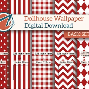Può includere: Download digitale di modelli di carta da parati per case delle bambole in rosso e bianco. I disegni includono pois, strisce, quadretti, chevron e diamanti. Ogni motivo è largo 25 mm. Il set è etichettato "BASIC SET 01".