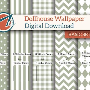 Può includere: Download digitale di modelli di carta da parati per case delle bambole in un set base. I modelli includono pois, strisce, quadretti, chevron e diamanti nei toni del verde e del bianco. Ogni modello è largo 25 mm.