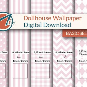 Pode incluir: Download digital de padrões de papel de parede para casas de bonecas em rosa e branco. Os designs incluem bolinhas, listras, xadrez, chevrons e losangos. Cada padrão tem 25 mm de largura, com espessuras variáveis.