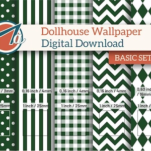 Può includere: Download digitale di modelli di carta da parati per case delle bambole in verde e bianco. I disegni includono pois, strisce, quadretti, chevron e diamanti. Ogni motivo misura 25 mm, con varie larghezze e misure.
