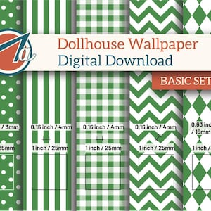Può includere: Download digitale di modelli di carta da parati per case delle bambole in verde e bianco. I disegni includono pois, strisce, quadretti, chevron e diamanti. Ogni motivo è largo 25 mm, con dettagli da 3 mm a 16 mm.