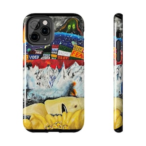 May include: A black phone case with a colorful abstract design featuring a mountain range, a sunflower, and text that reads "Beef Fear" and "Vacant Home".