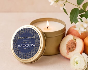 Bulk Personalized Diwali Candle Favors, Navy Gold Geometric, Return Gift, Custom Family Name (4oz Tin) FD003